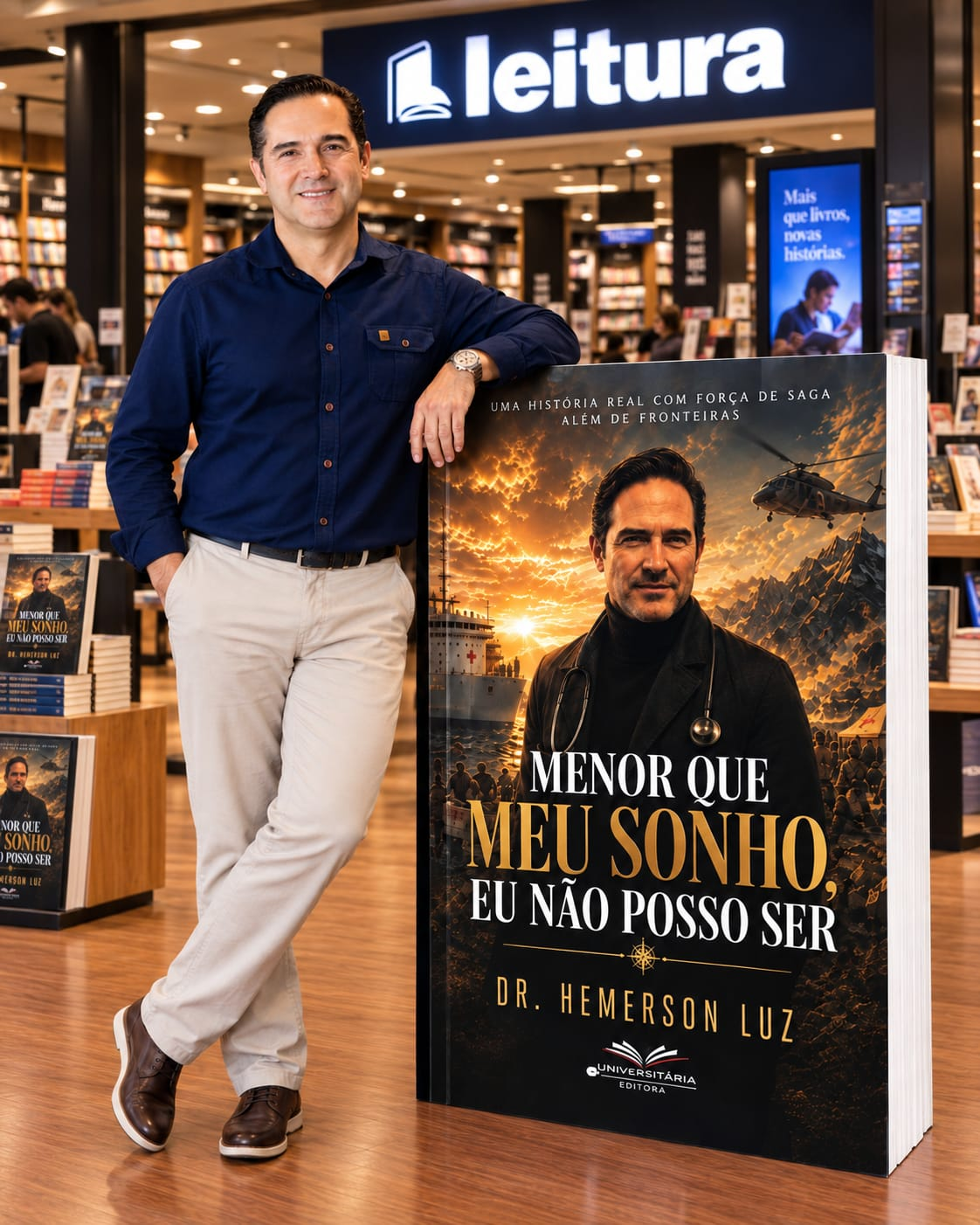 Dr. Hemerson Luz ao lado de uma réplica gigante de seu livro na livraria Leitura